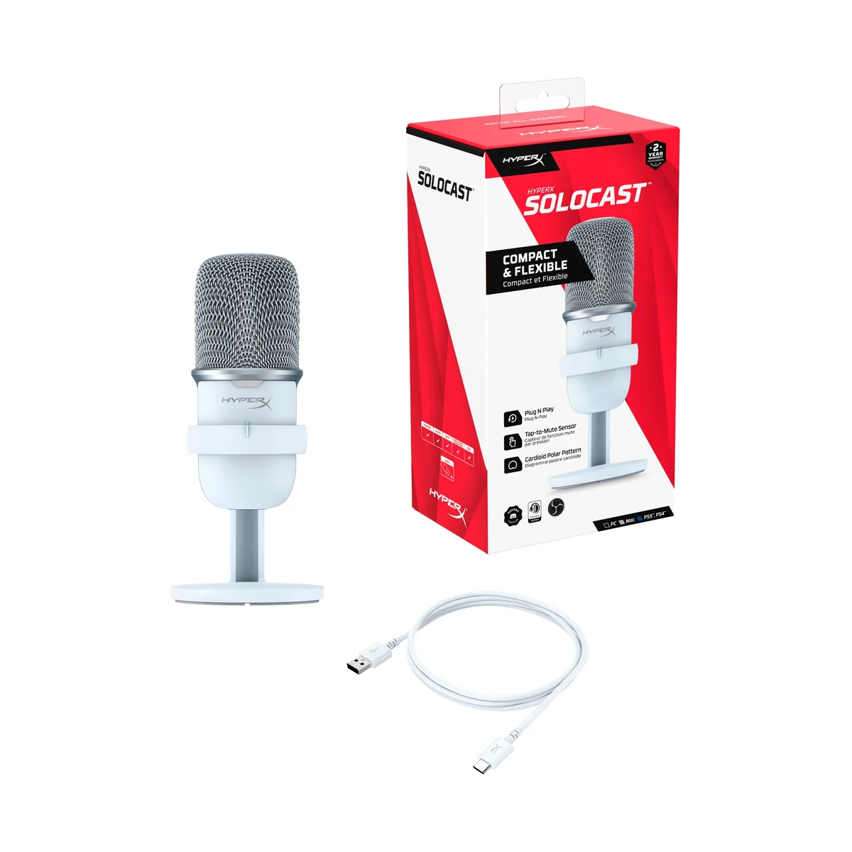 Micrófono USB HyperX SoloCast cardioide blanco 519T2AA - Imagen 2