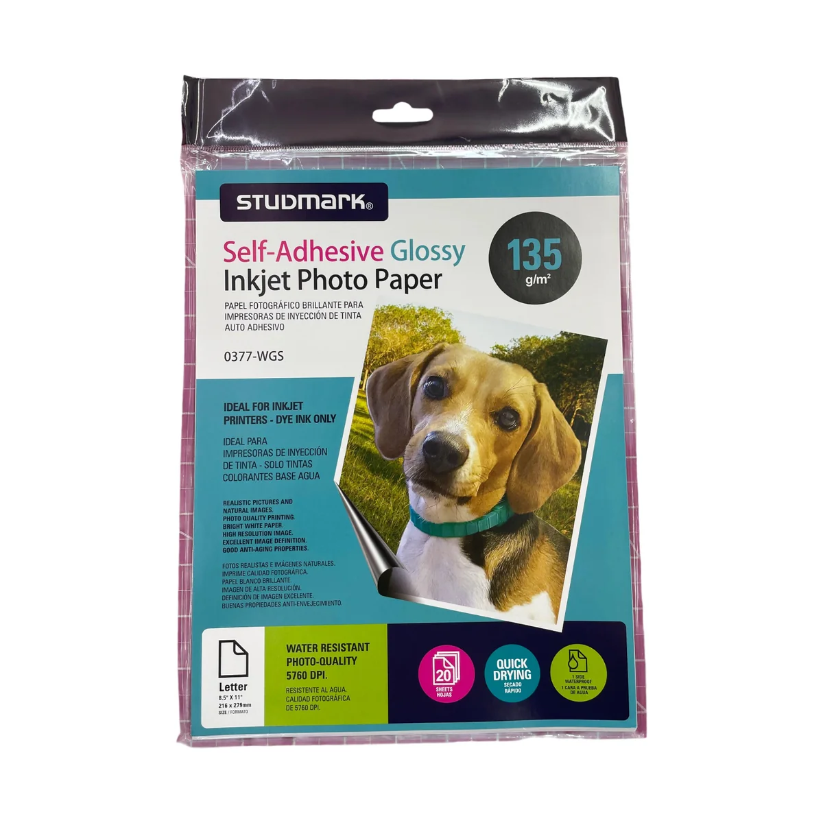 Papel fotográfico adhesivo brillante Studmark ST-00377-WGS tamaño carta de 20 hojas