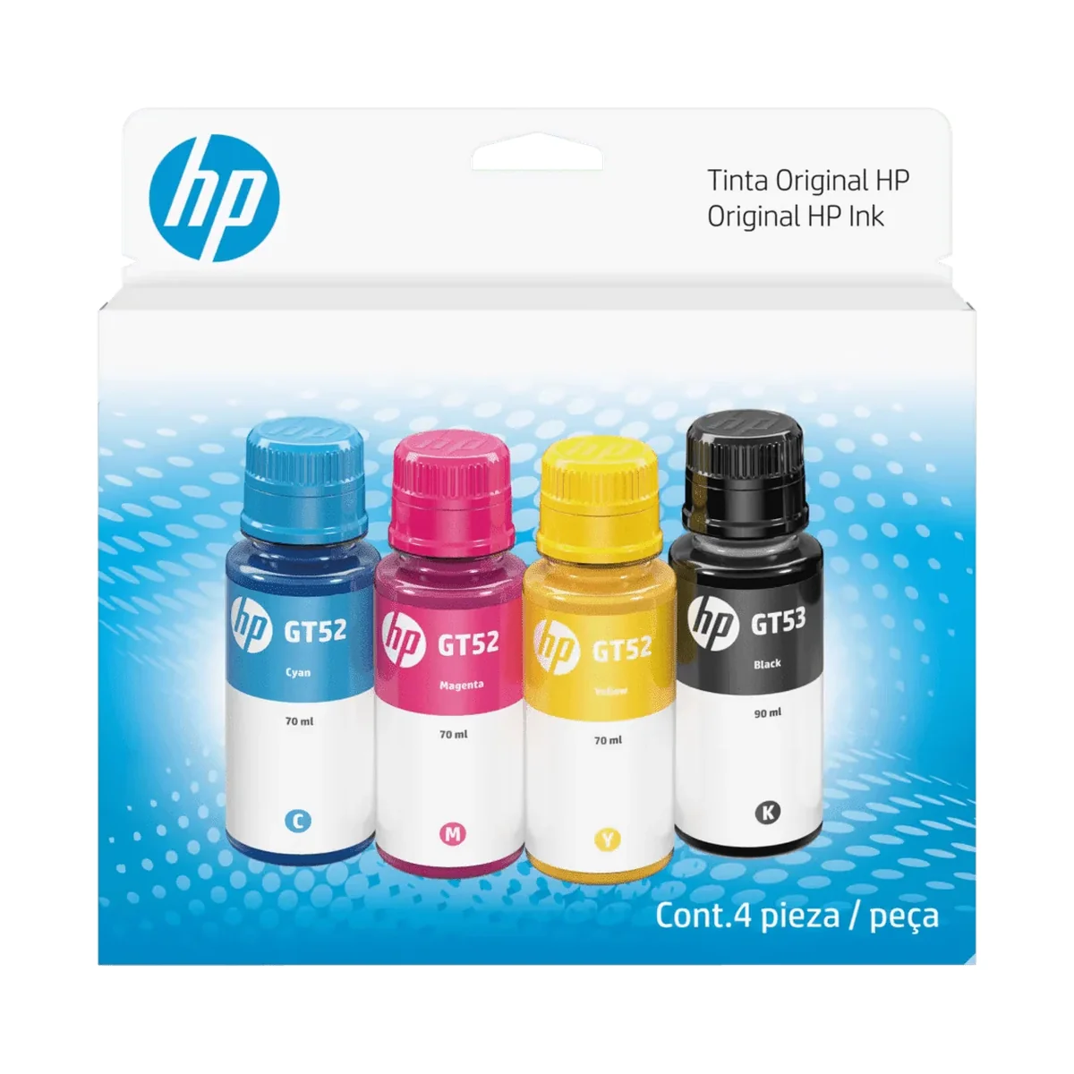 ack original HP GT53/GT52 9F3N4AL con botellas negra, cian, magenta y amarilla